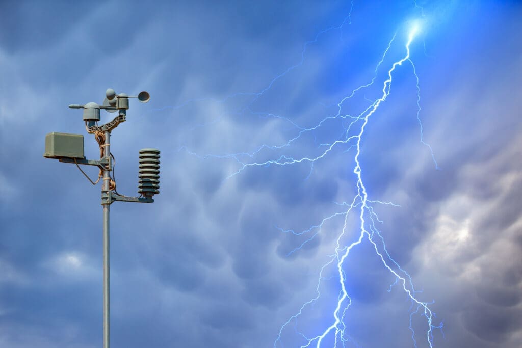 Weather station automatic measurement of weather parameters with Stormy sky and rain and lightning